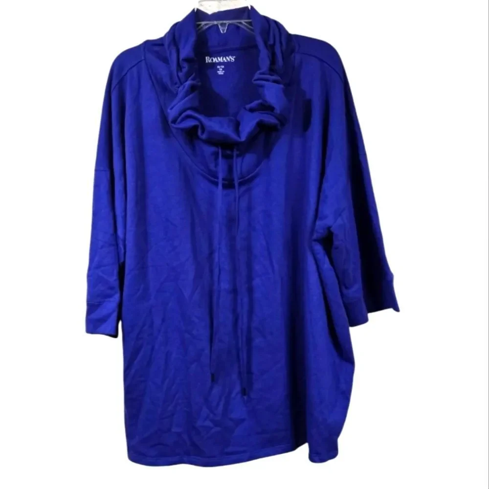 Roaman’s Royal Blue Drawstring Cozy Cowl Neck French Terry Pullover | 1X (22/24)
